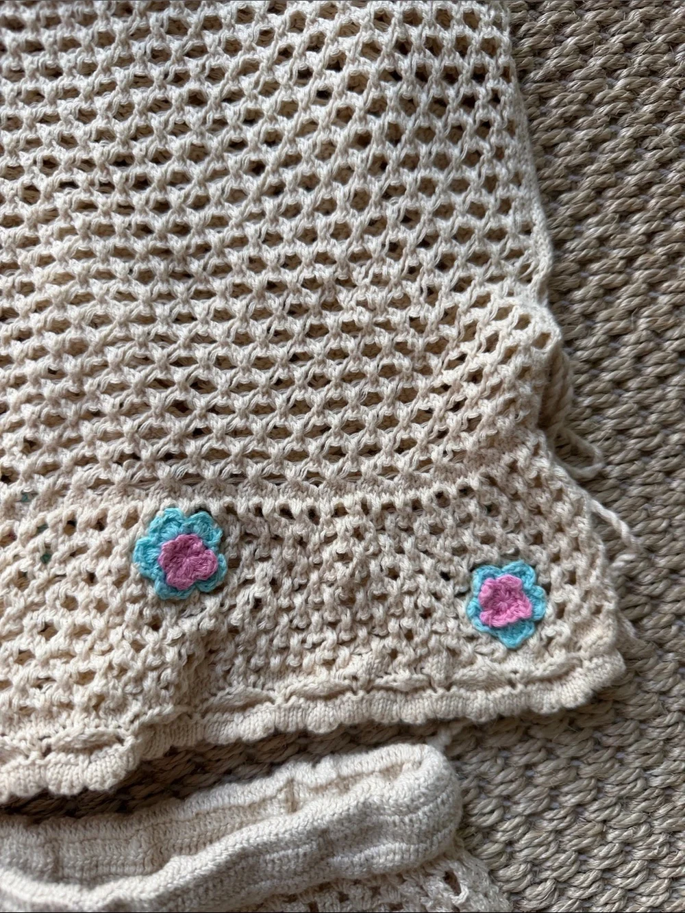 Handmade Crochet Tank Top & Shorts Set - Cream with Pink & Teal Flower Accents